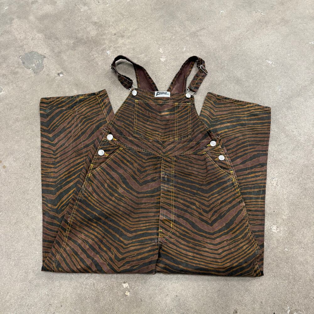 Vintage 90s Zubaz Zebra Print Denim Bib Overalls Brown Women XL